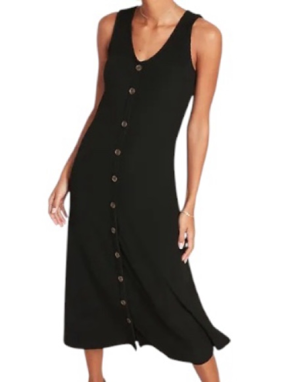 OLD NAVY Black Ribbed Midi Dress with Decorative Buttons